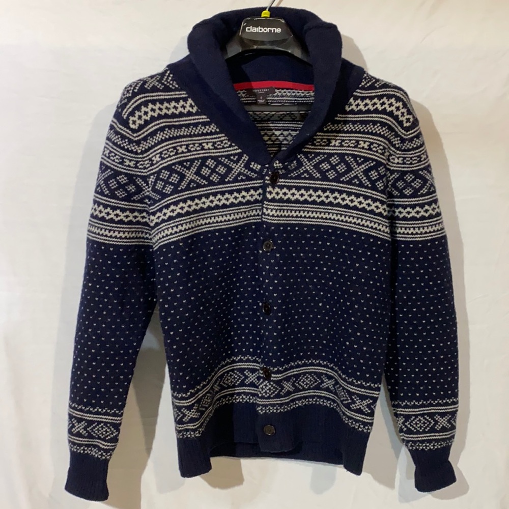 Refectory Navy Rib Shawl Collar Cardigan, Wool, Size Small